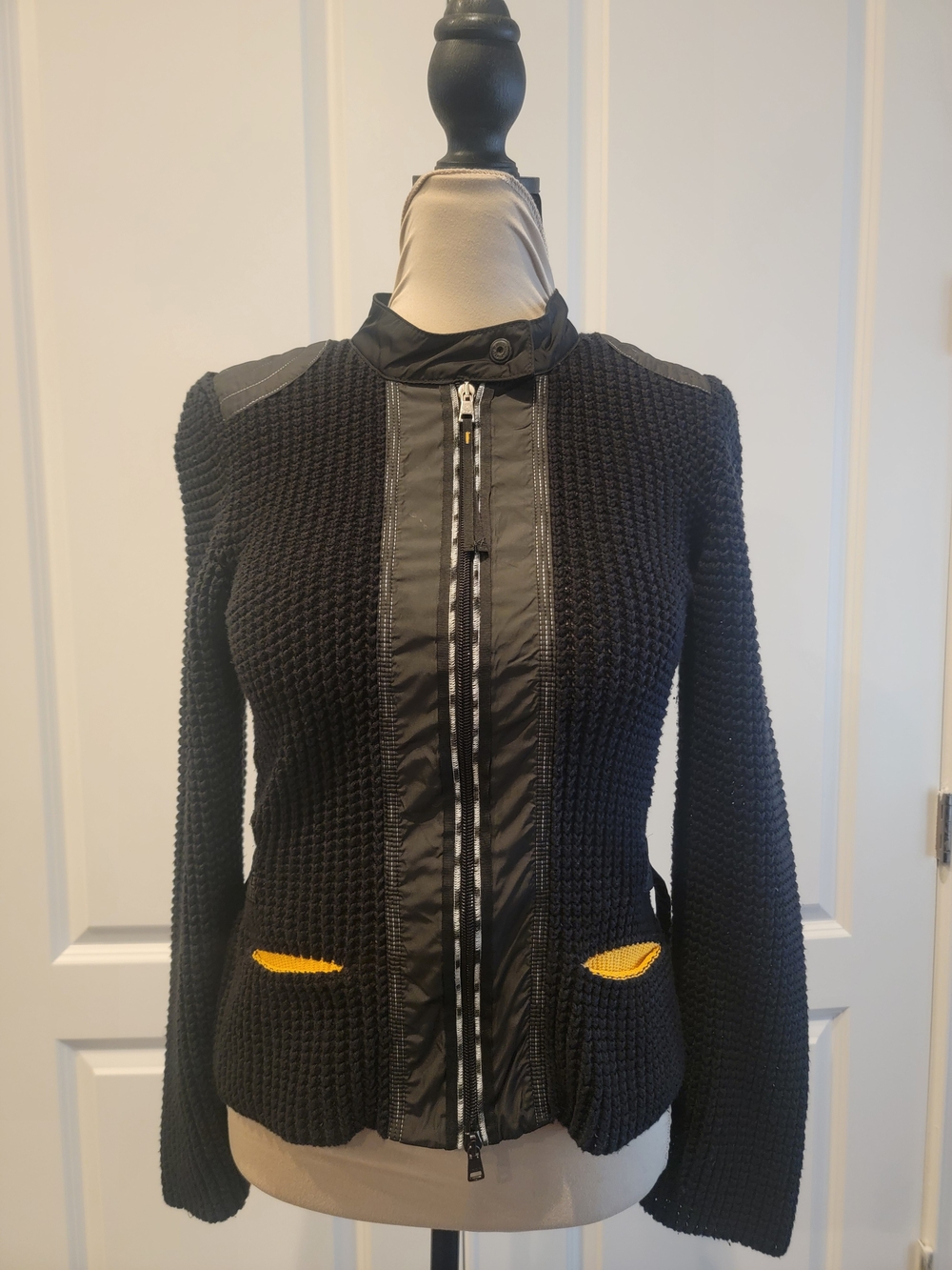 Marc Cain Black Knit Zip-Front Utility Jacket with Yellow Pocket Trim